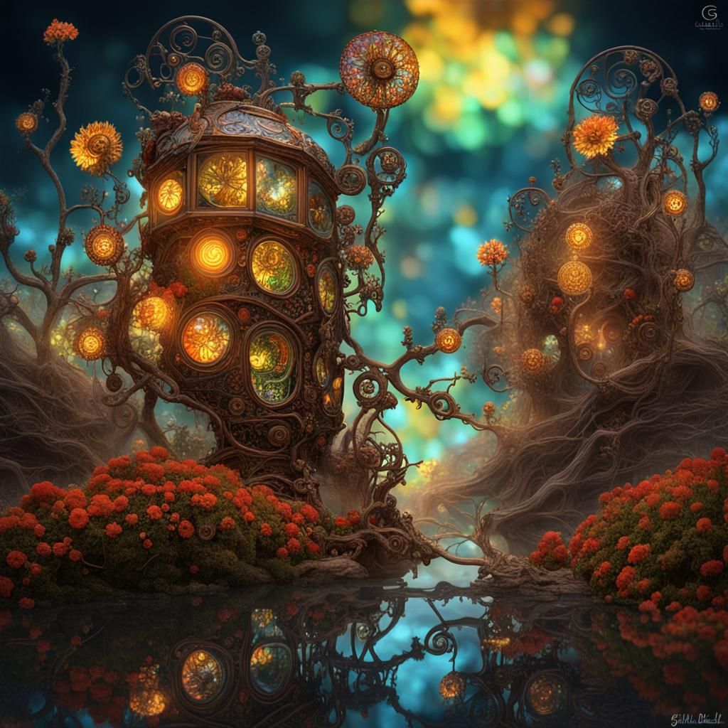 Steampunk Landscape with Glass Heart in Klimt Style