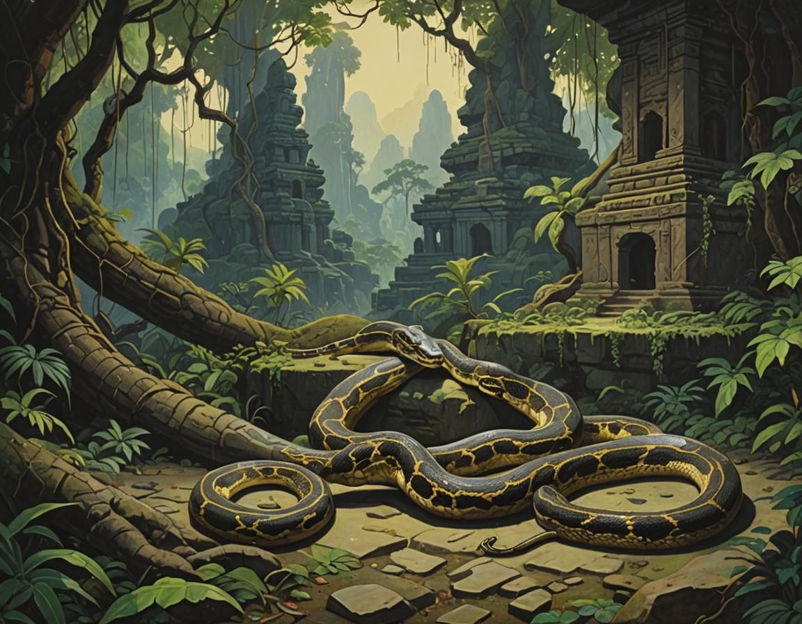Indian Python at Ruined Temple, Golden Age Illustration