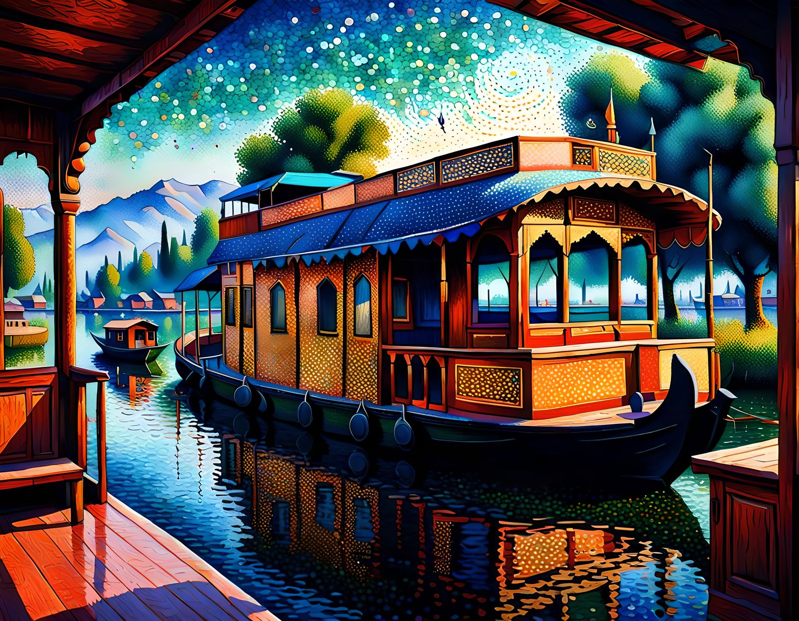 Kashmir Houseboat Interior in Pointillism Style