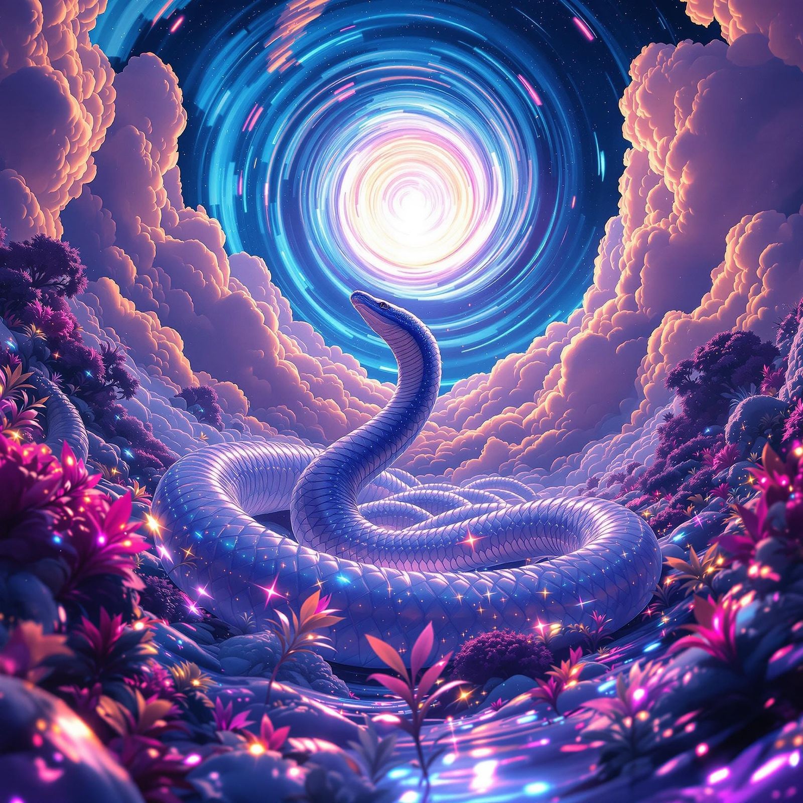 Surreal Anaconda Gazes at Swirling Sun in Electric Blue Sky