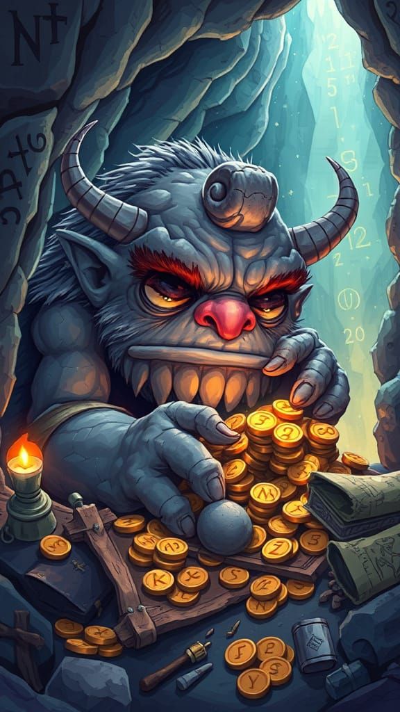 Troll Guarding Treasure in Crystal Cave Vector Art