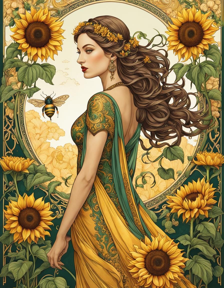 Art Nouveau Sunflowers Poster with Woman