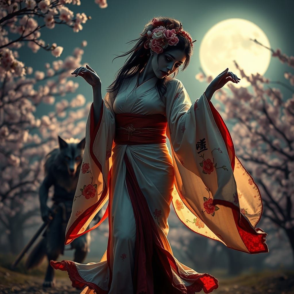 Zombie Geisha Dance Under Moonlit Cherry Blossoms
