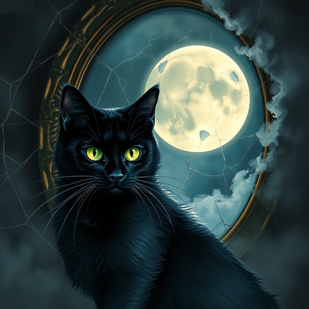 Ethereal Black Cat Crossing Before Moonlit Mirror