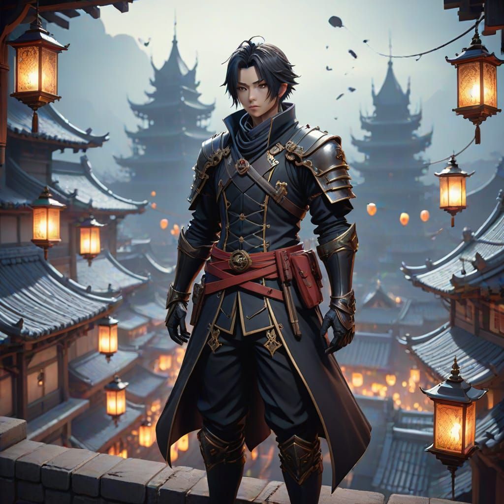 Gothic Assassin on Rooftop in Muted Medieval Scene