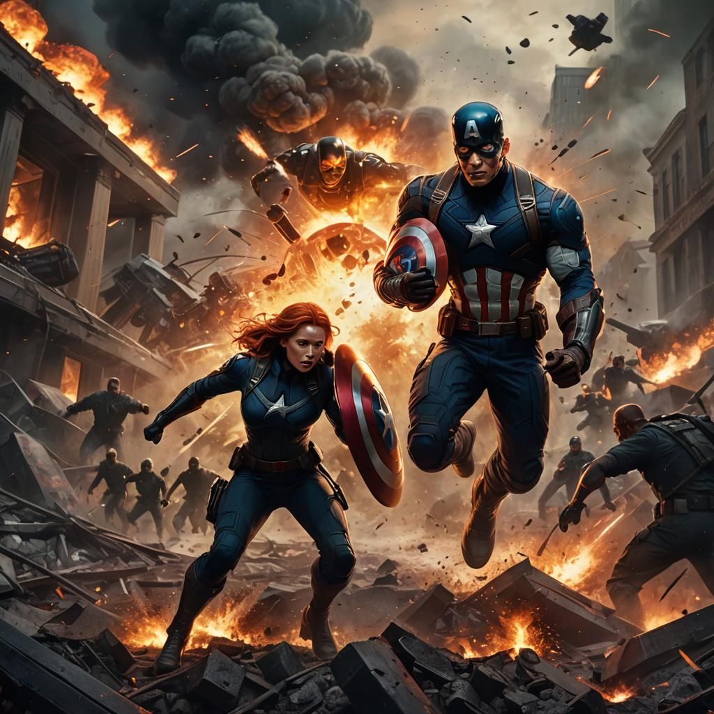 Captain America Rescues Black Widow in Dark Fantasy Style