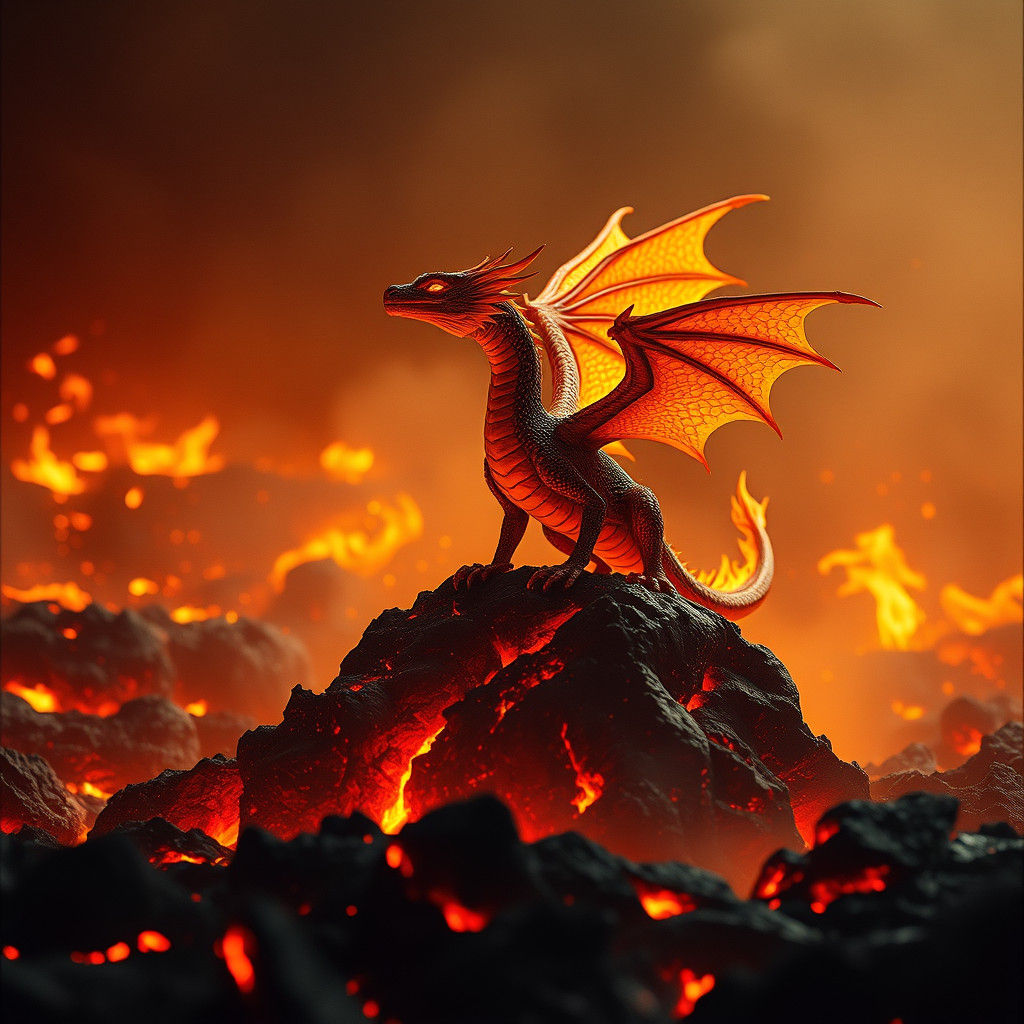 Fire Dragon in Lava Pit, 3D Rendered Cinematic Film Still