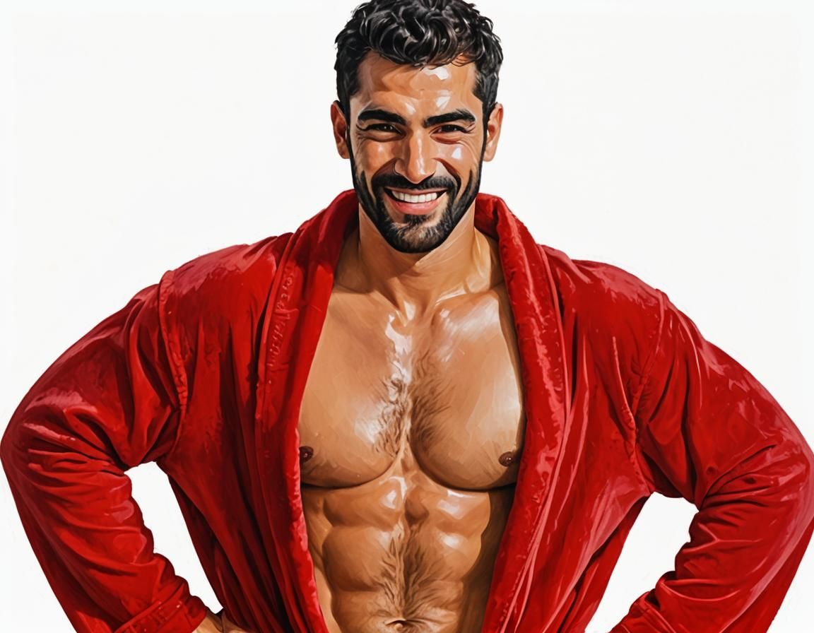 Smiling Arab Man in Red Velvet Bathrobe: Impasto Portrait