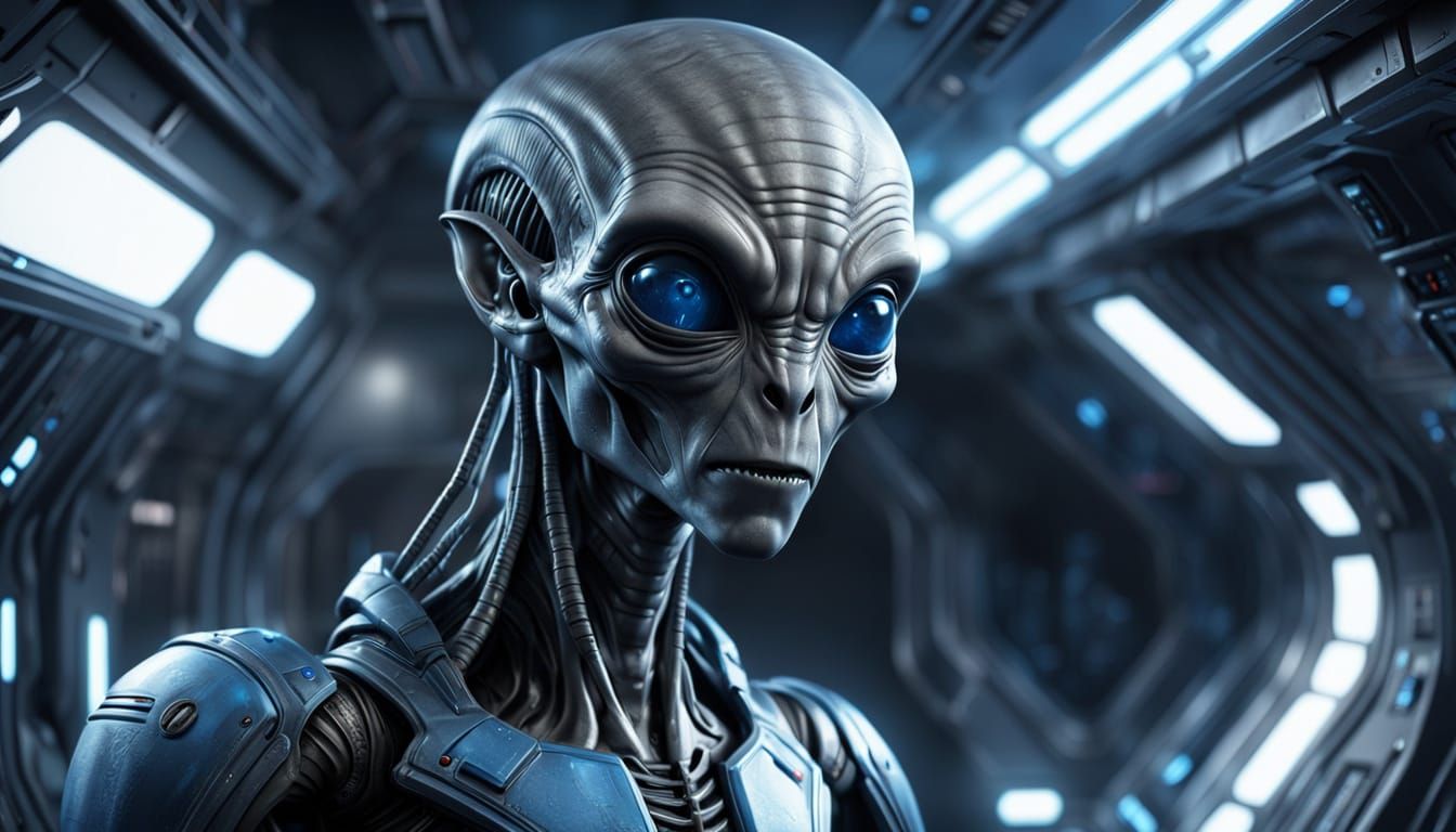 Sci-Fi Grey Alien in Spaceship Interior