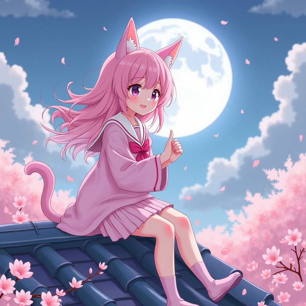 Anime Cat Girl on Rooftop in Watercolor Style