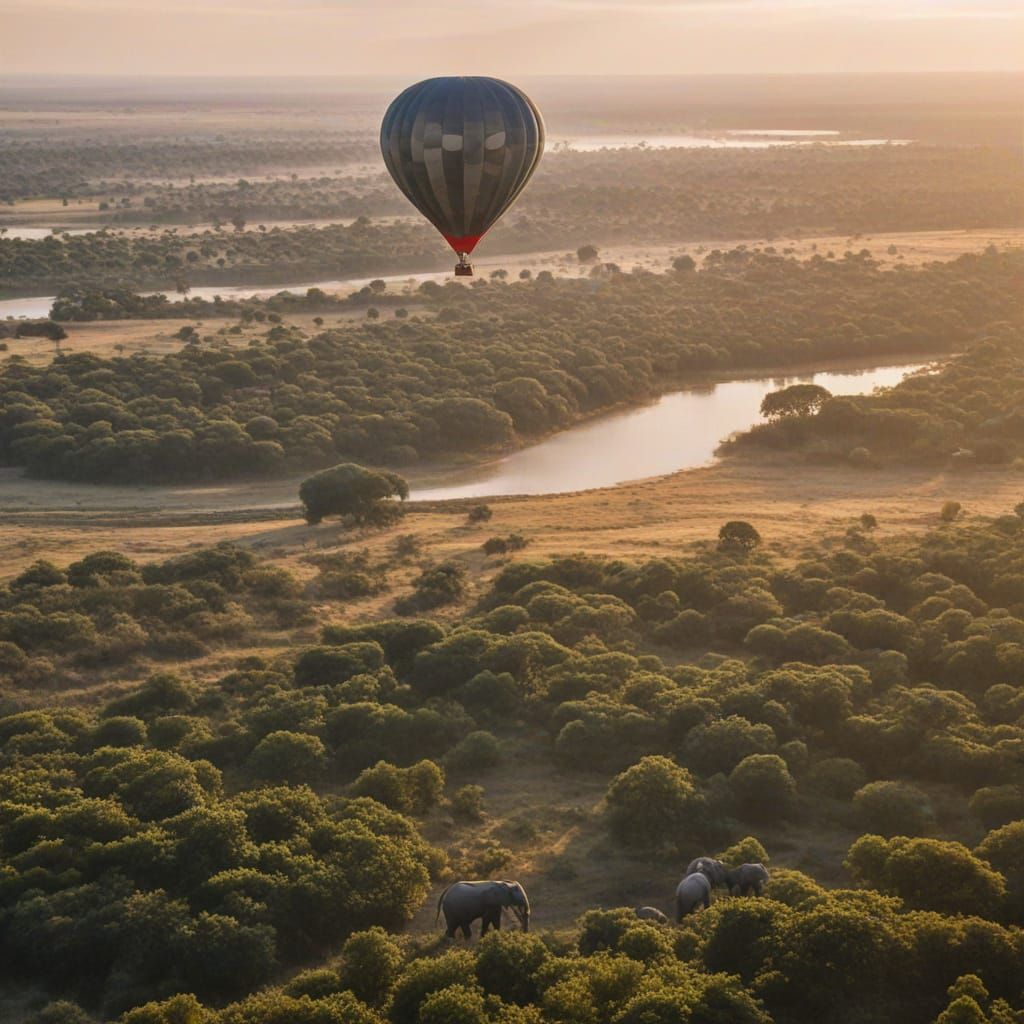 Elephants Over African Plains in a Hot Air Balloon