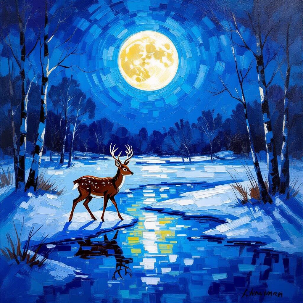 Tiny Deer on Frozen Pond Under Full Moon