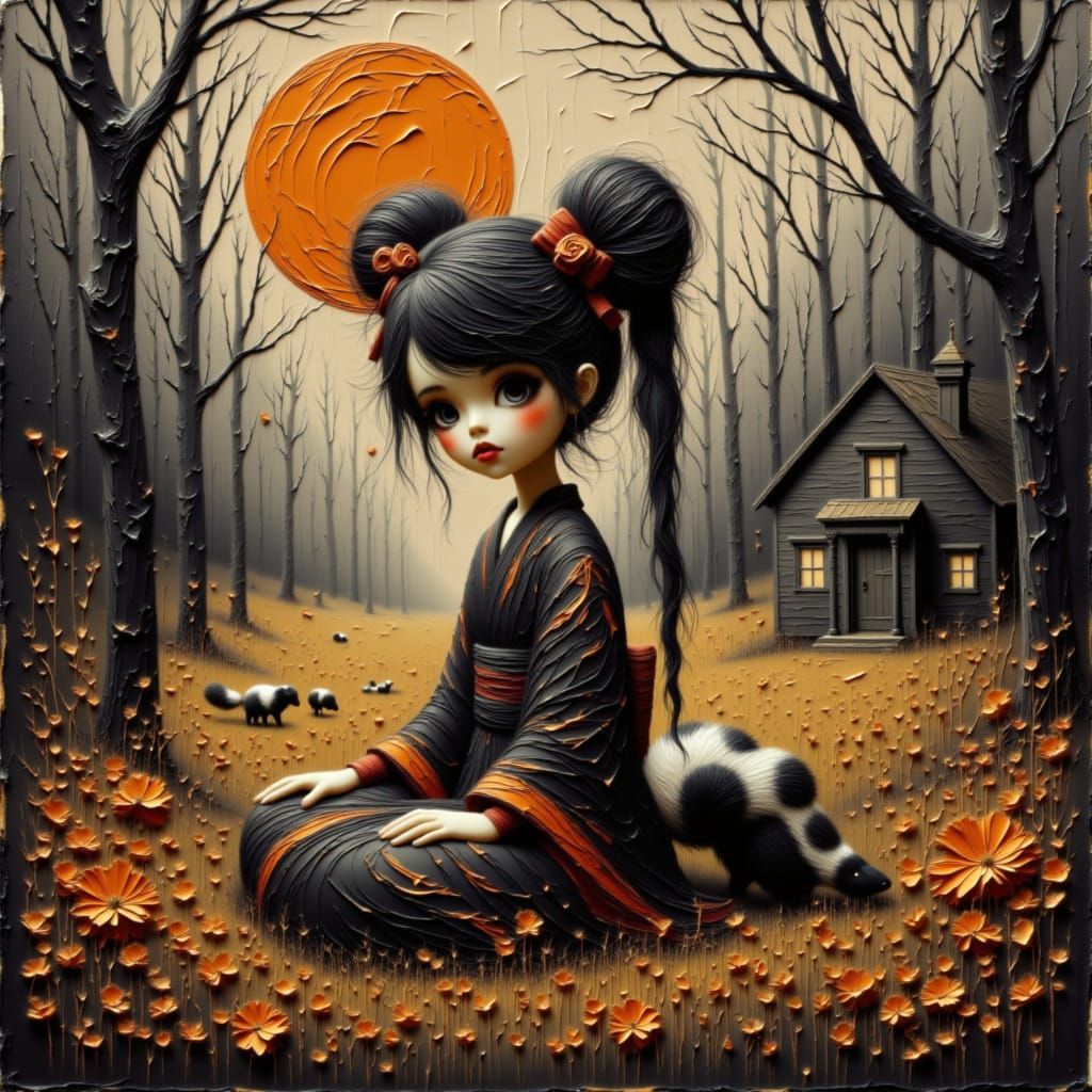 Girl Meditating with Skunk in Enchanted Forest