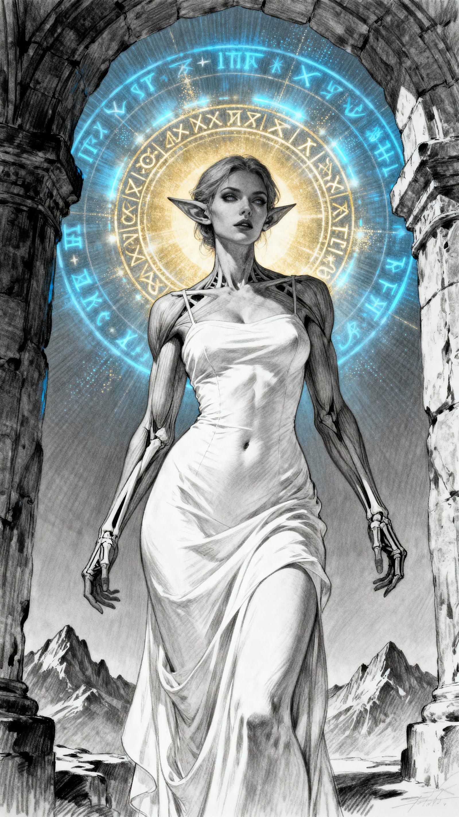 Gothic Elf Woman in White Dress with Runic Background Sketch