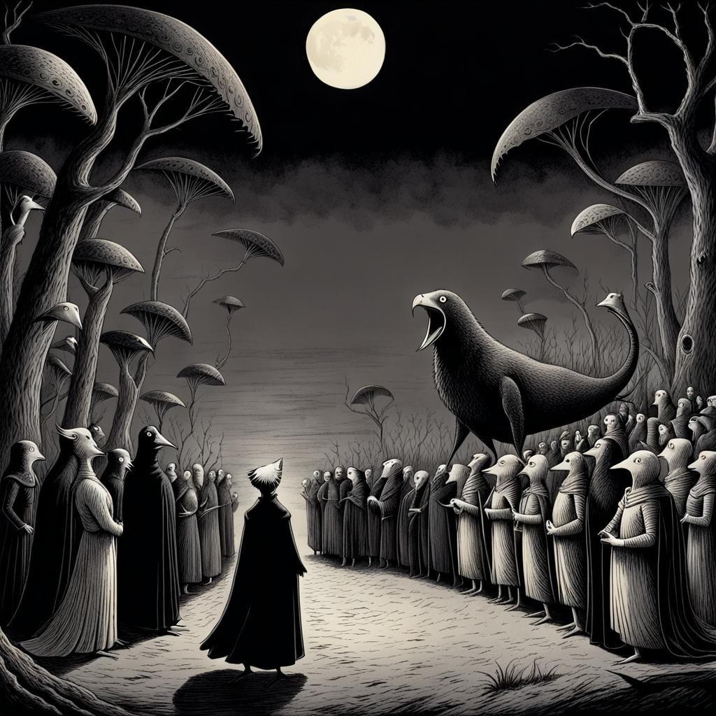 Anxious Creature Confronted in Gothic Art Style