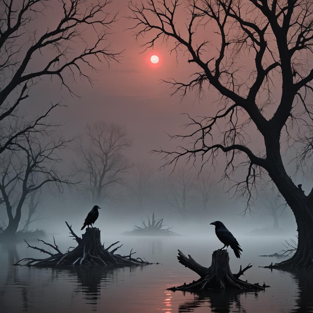 Raven in Dark Fantasy Landscape, Gothic Illustration