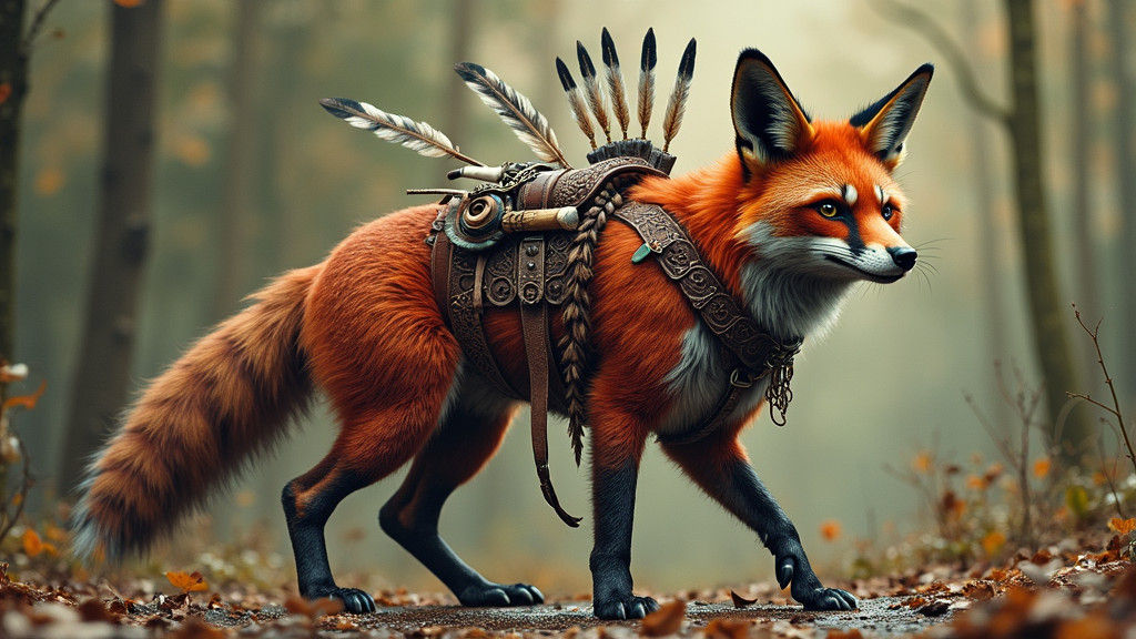 Fox-Spider Hybrid with War Saddle in Folk-Art Style