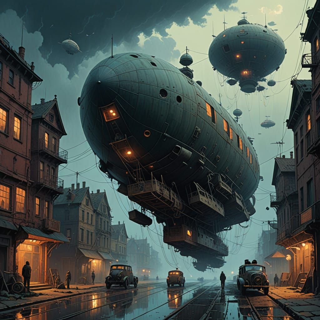 Decrepit Airships Suspend in Midair, Shrouded by Soft Clouds