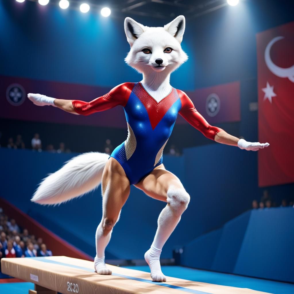 White Fox Competes in Olympics Balance Beam