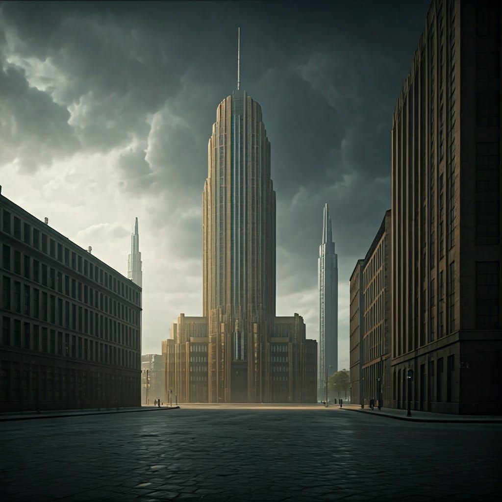 Dystopian Berlin Street Scene in Art Deco Style with Dark Sk...