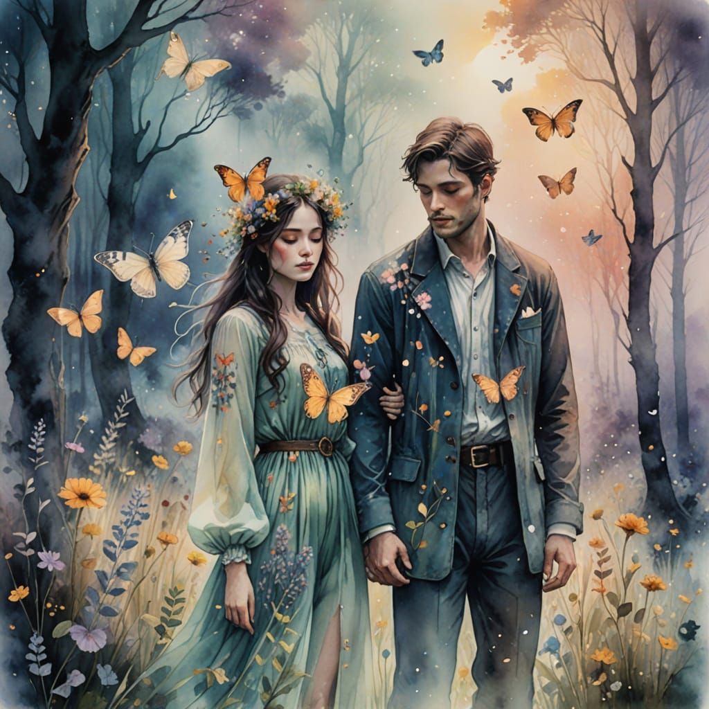 Lovers in Timeless Realm with Blooming Clothes