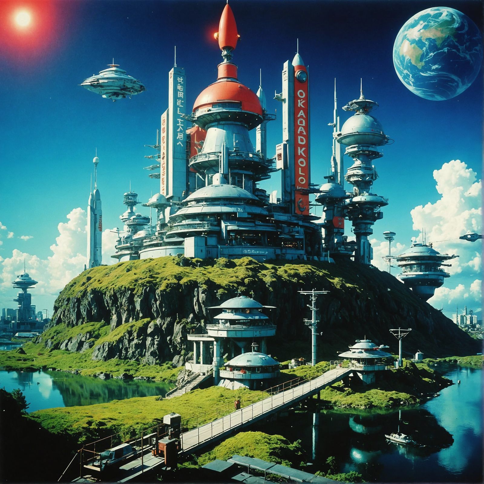 Anime Sci-Fi Town with Spaceships in Ghibli Style