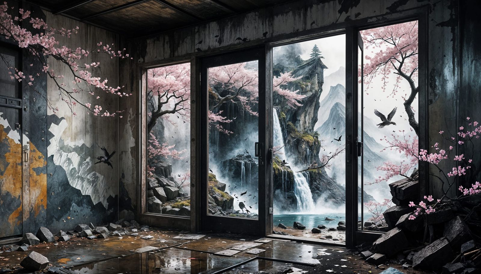 Surreal Abandoned Shelter Meets Sakura Mountain Landscape