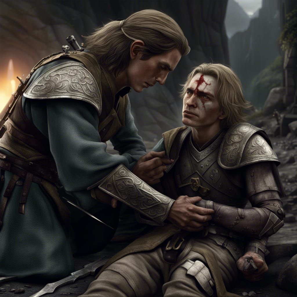 Gondorian Ranger Medic Cares for Wounded Man