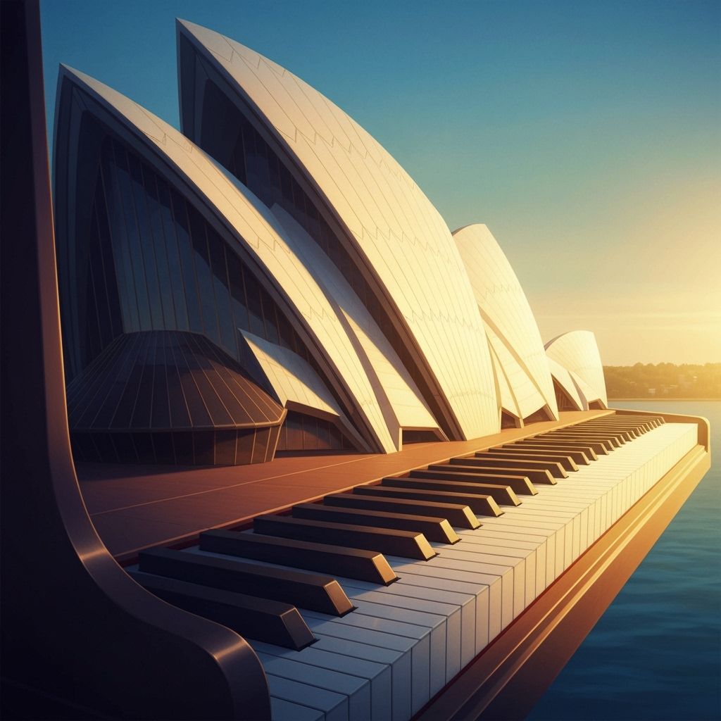 A piano turning into the Sydney Opera House