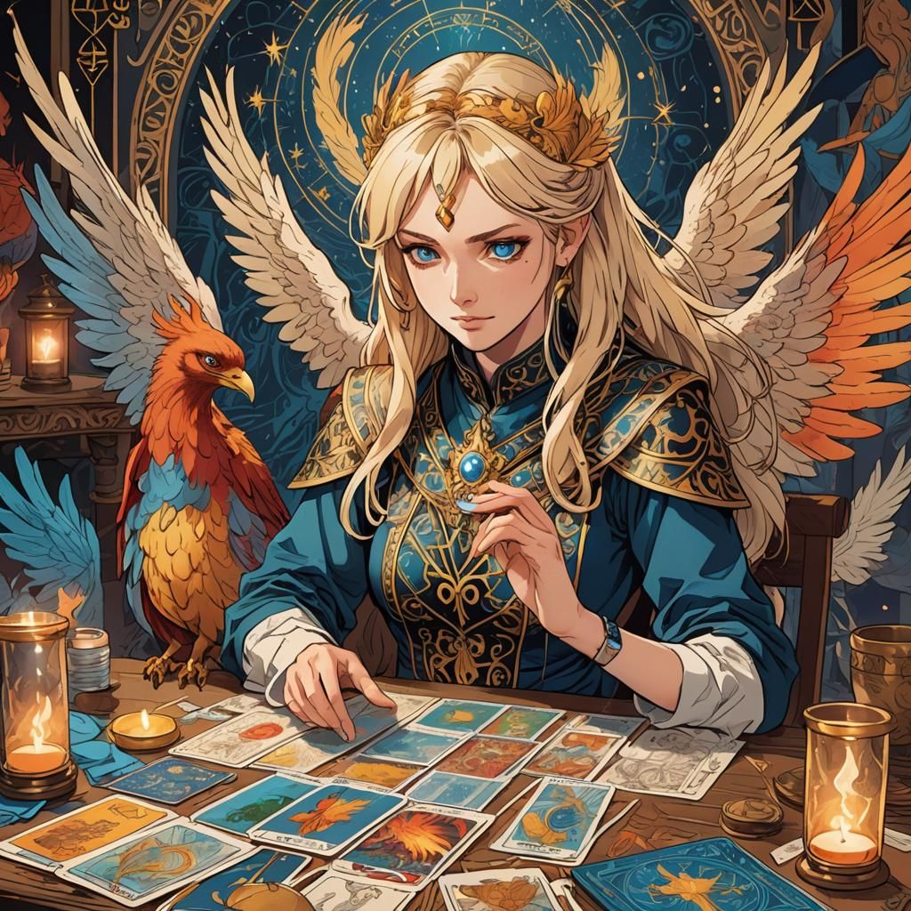 Anime Tarot Reader with Phoenix in Studio Trigger Style