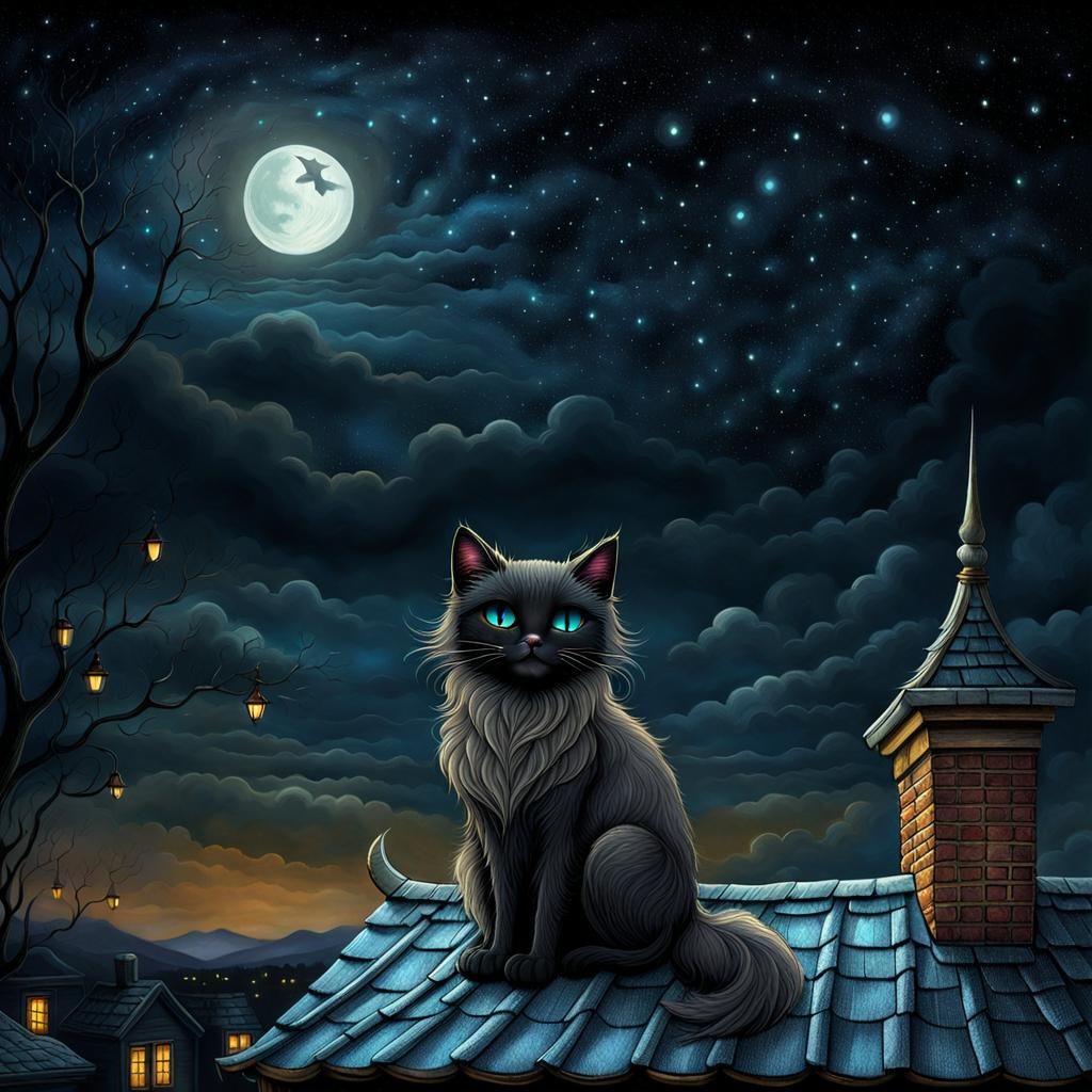 Cute Cat on Roof at Night in 3D
