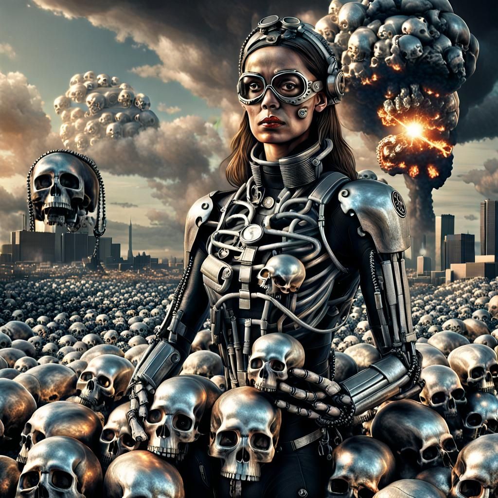 Cyborg Conqueror with Skull in Post-Apocalyptic Landscape