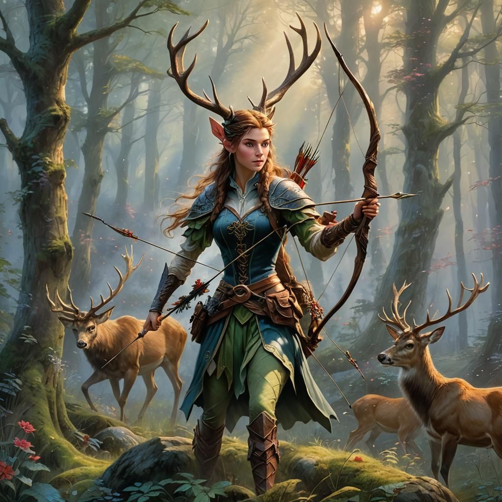Elf Hunts Stag in Misty Forest, Ethereal Fantasy