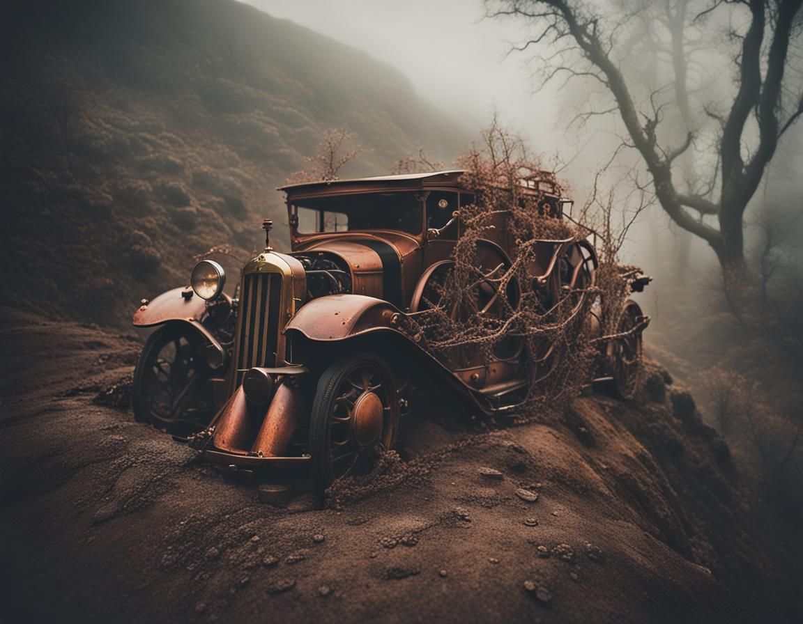 Steampunk Car Stranded on Treacherous Mountain Road