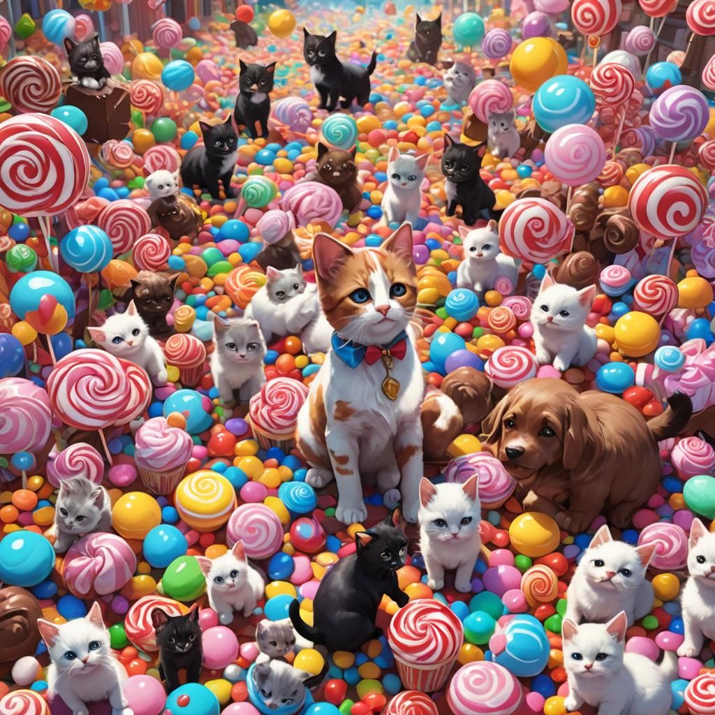 Candy Land with Kittens and Puppies in 3D Anime Art