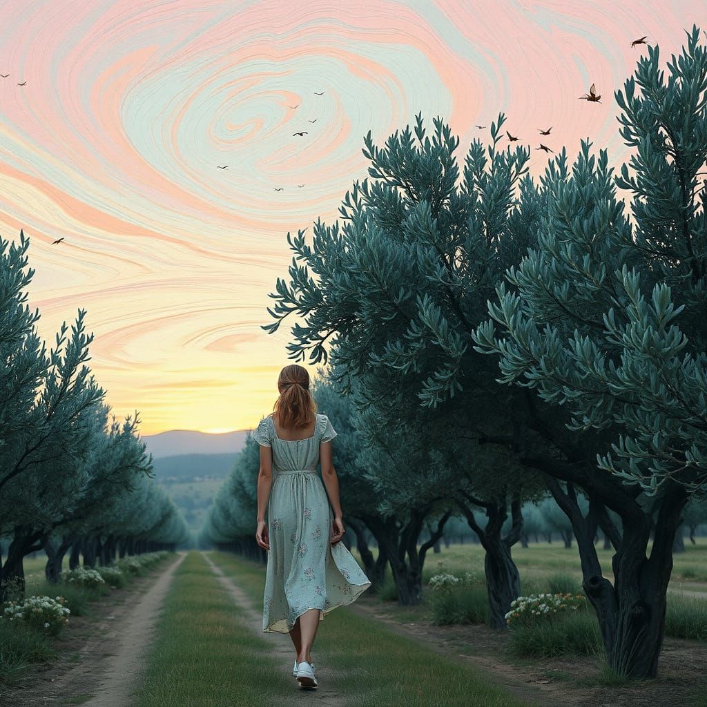 Peaceful Sunset in a Verdant Olive Grove
