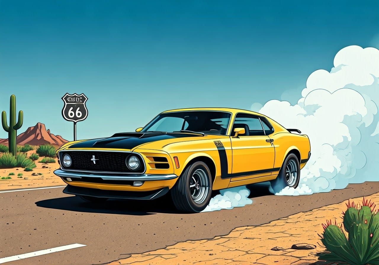 Comic Book Art Style 1971 Ford Mustang Boss 351 Desert Burno...