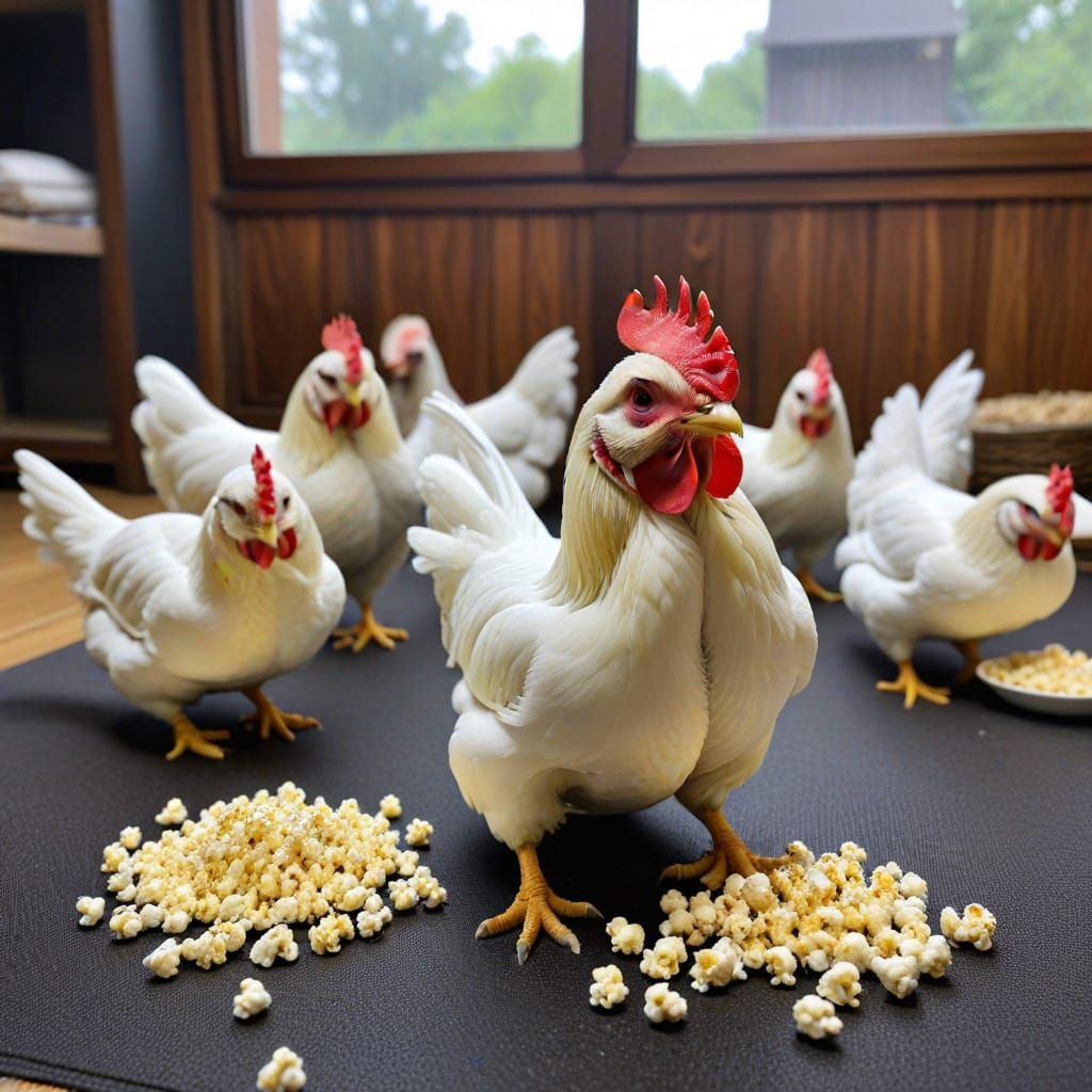 Fowl Doing Downward-Facing Dog in a Popcorn Paradise