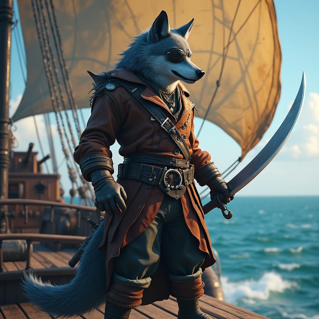 Wolf Pirate on Ship in Fantasy Matte Painting Style