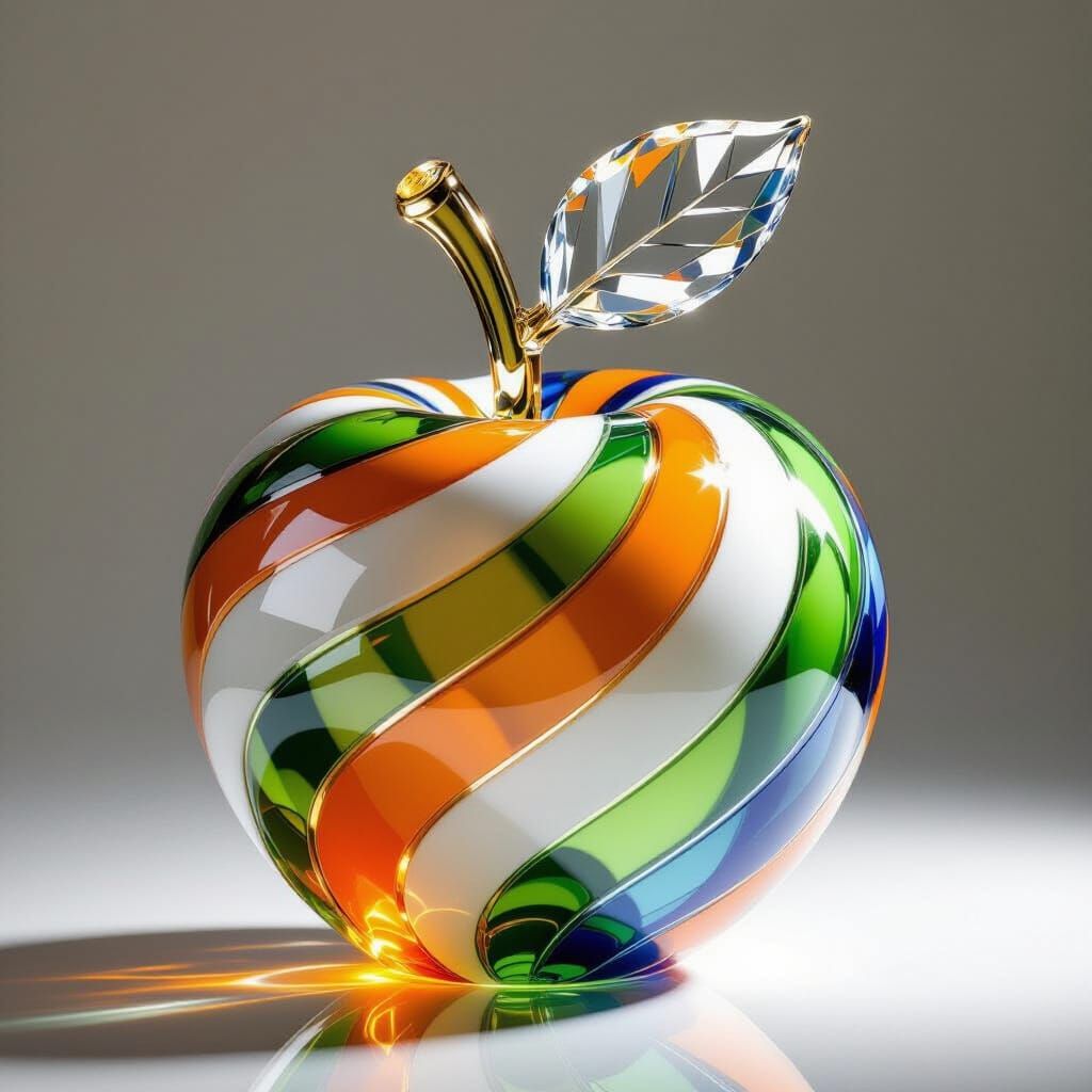 Glass Apple Sculpture with Swirling Colors and Crystal Leaf