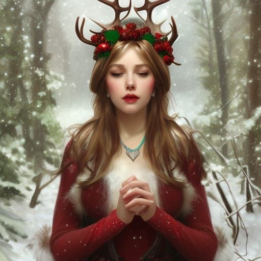 Candy Cane Woman with Antlers in Winter Forest