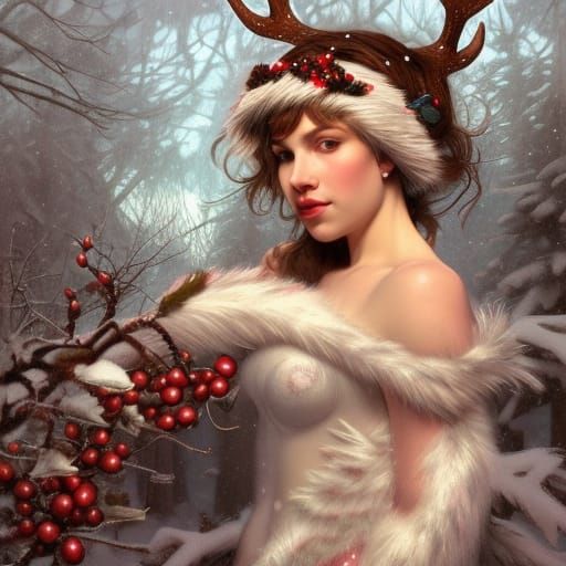 Festive Candy Cane Woman in Winter Forest