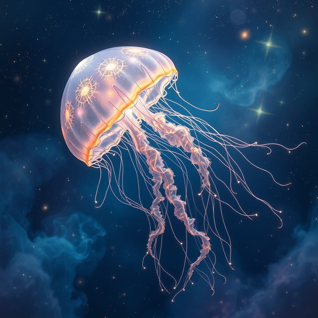 Celestial Jellyfish in Nebula, Art Nouveau Style