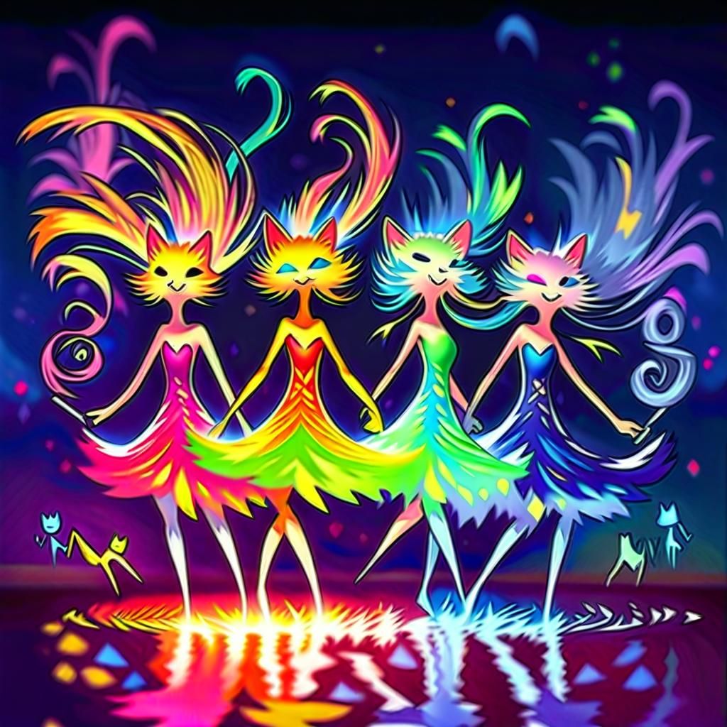 FOUR whimsical graceful playful tall thin female cat stick figures, distinct feline characteristics, extra-long swirly c...
