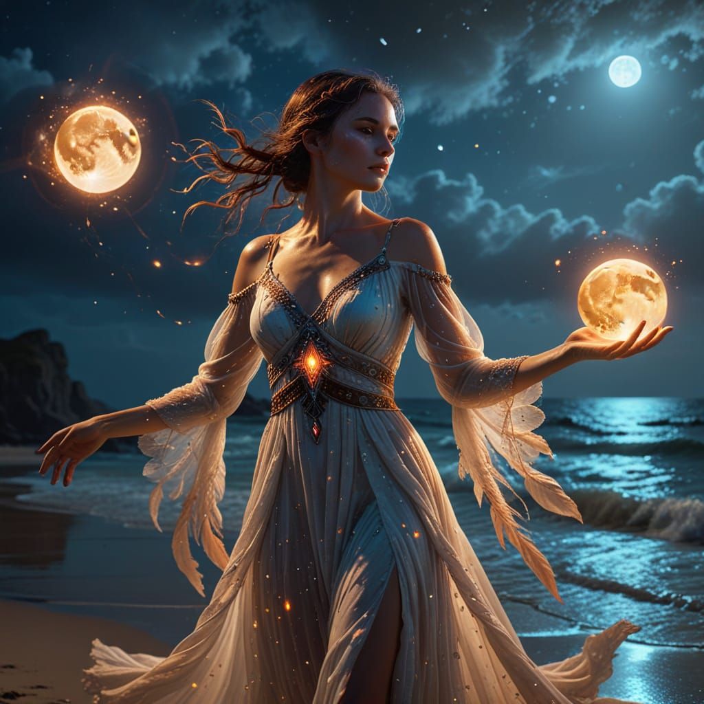 Sorceress on a Moonlit Beach, in Vibrant Oil Painting Style
