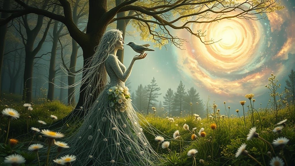 String Woman Kissing Bird in Bioluminescent Glade