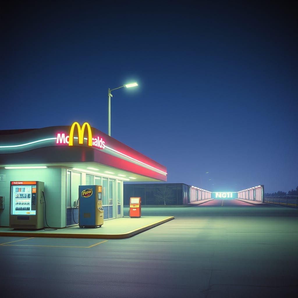 Retro-Futuristic Gas Station Under Neon Glow