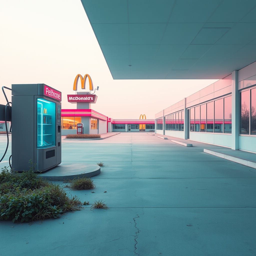 Dreamlike Abandoned Gas Station in Pastel Hues and Retro-Fut...