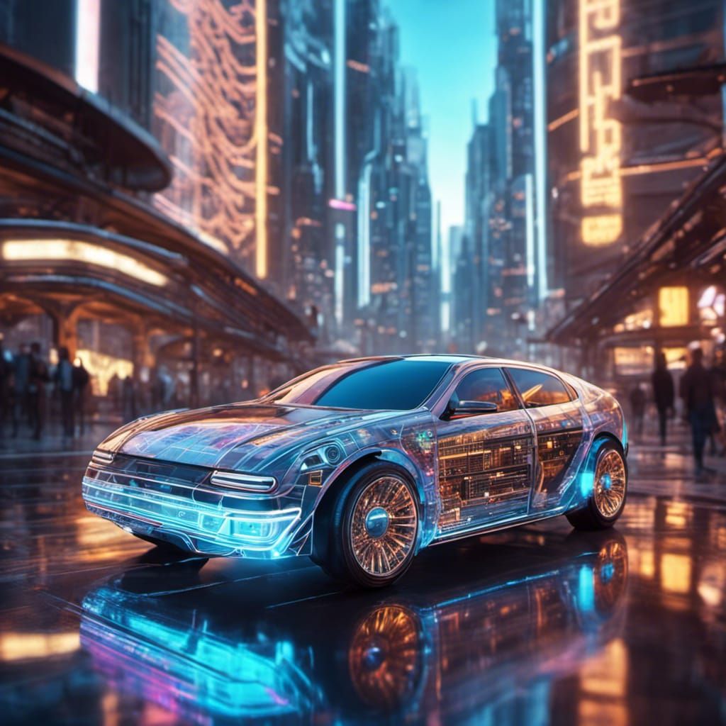 Futuristic Holographic Car in Cyberpunk Cityscape