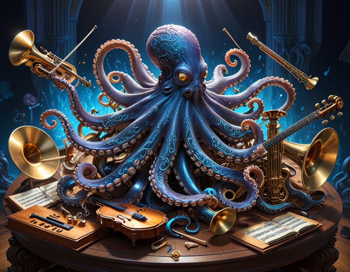 Surreal Fantasy Painting of an Octopus Conducting an Orchest...